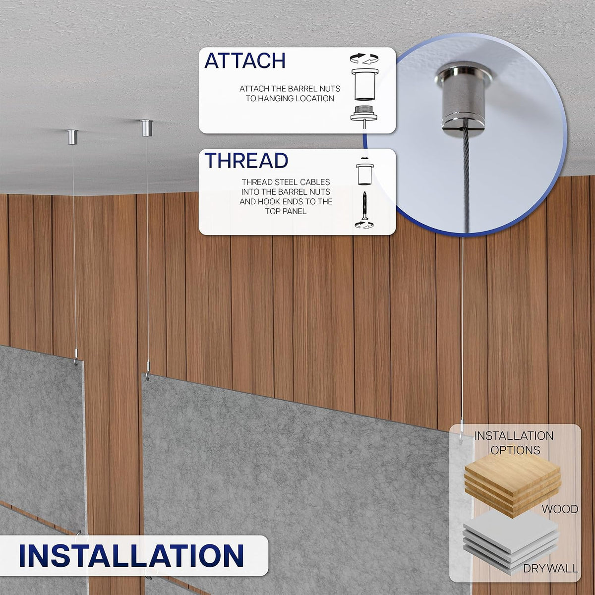 Acoustic Modular Hanging Panels, Rectangular Sound Absorber, Modern Noise Reduction That Installs to Ceiling or Wall, Light Gray, PP-C45G