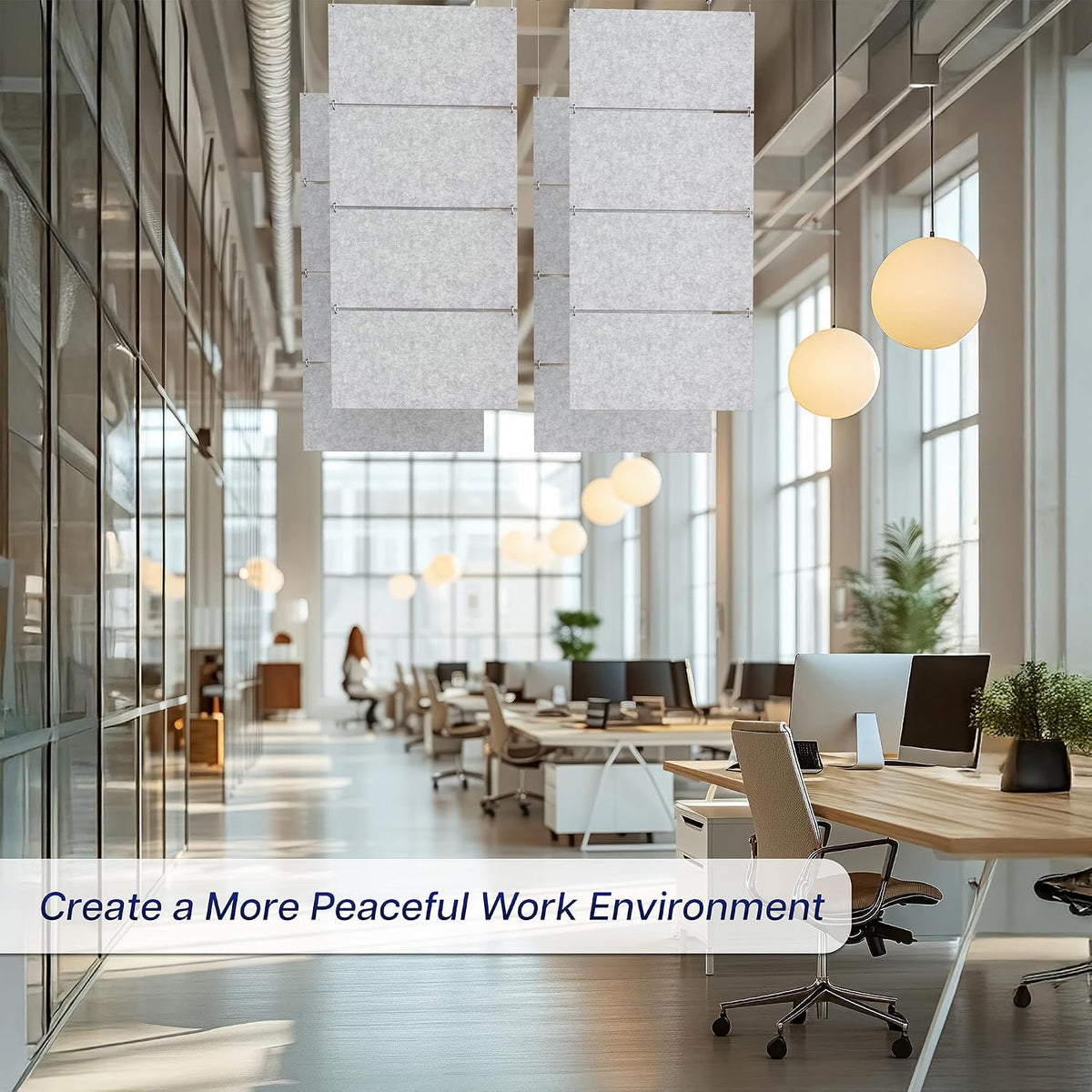 Acoustic Modular Hanging Panels, Rectangular Sound Absorber, Modern Noise Reduction That Installs to Ceiling or Wall, Light Gray, PP-C45G