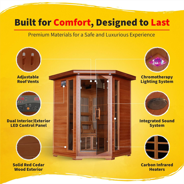 Infrared Sauna Designed for Home Wellness, 3-Person Cedar Corner, 7 Carbon Heaters, Chromotherapy Lighting